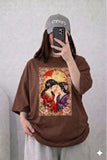 Oversized Drop Shoulder Graphic T-Shirt – Brown Japanese Couple Art Print