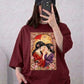 Oversized Drop Shoulder Graphic T-Shirt – Maroon Japanese Couple Art