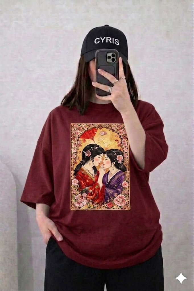 Oversized Drop Shoulder Graphic T-Shirt – Maroon Japanese Couple Art