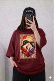 Oversized Drop Shoulder Graphic T-Shirt – Maroon Japanese Couple Art