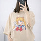 Beige Anime Graphic Drop Shoulder T-Shirt – Cute Oversized Street Tee