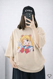 Beige Anime Graphic Drop Shoulder T-Shirt – Cute Oversized Street Tee