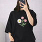 Black Flower Graphic Drop Shoulder T-Shirt – Cute Oversized Casual Tee