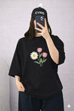 Black Flower Graphic Drop Shoulder T-Shirt – Cute Oversized Casual Tee