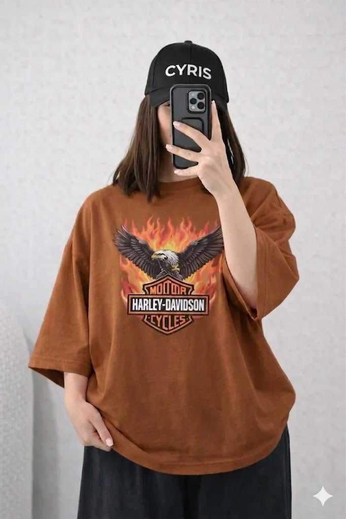Vintage Brown Flame Graphic Drop Shoulder T-Shirt – Loose Fit Casual Tee