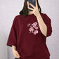 Maroon Floral Drop Shoulder T-Shirt – Oversized Soft Aesthetic Tee