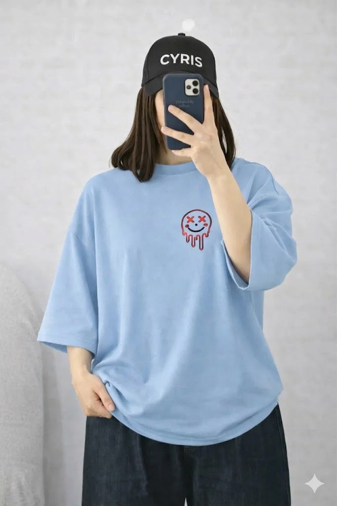 Oversized Drop Shoulder Graphic T-Shirt – Sky Blue Smiley Drip  Print