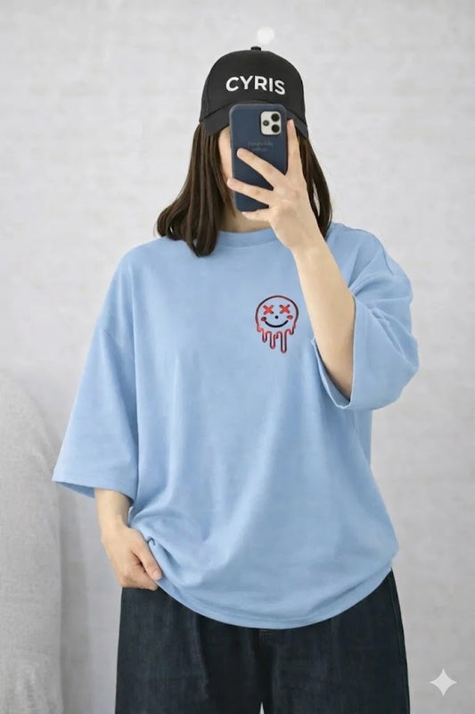 Oversized Drop Shoulder Graphic T-Shirt – Sky Blue Smiley Drip  Print