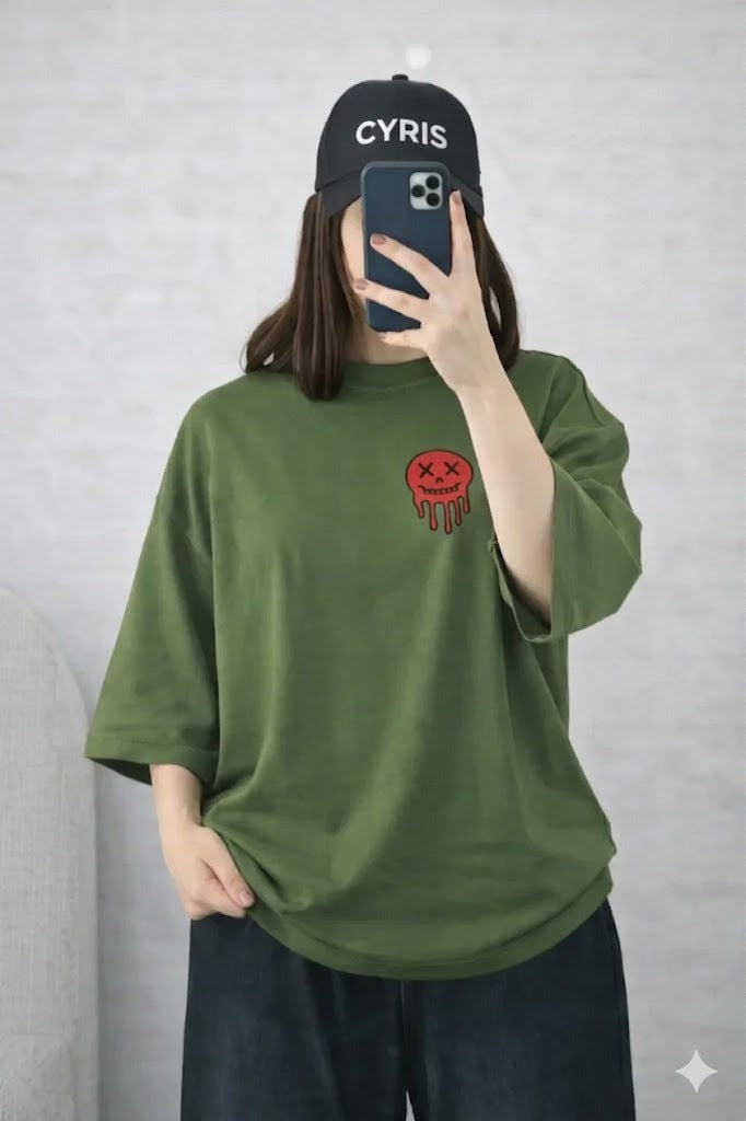 Oversized Drop Shoulder Graphic T-Shirt – Olive Green Smiley Drip Print