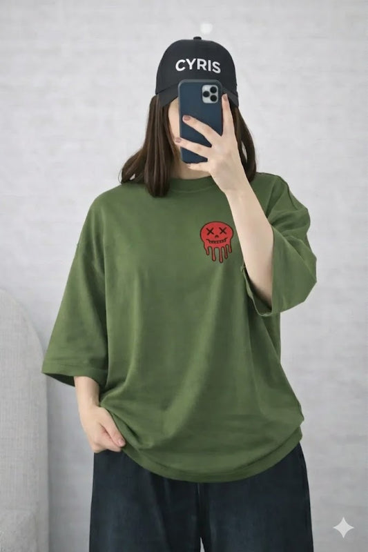 Oversized Drop Shoulder Graphic T-Shirt – Olive Green Smiley Drip Print
