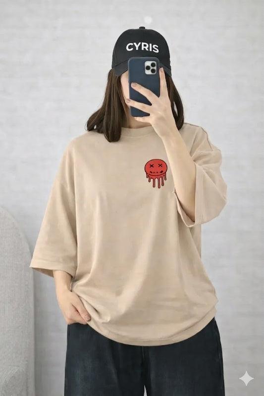 Oversized Drop Shoulder Graphic T-Shirt – Beige Smiley Drip Print