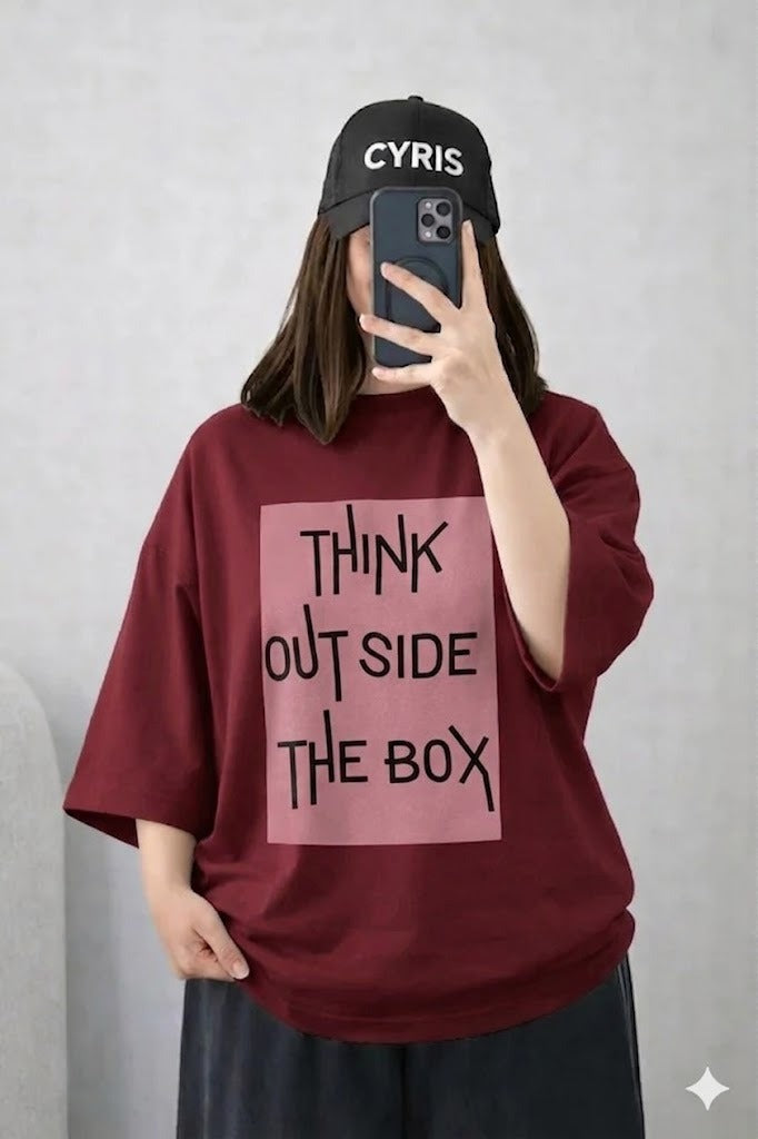 Oversized Drop Shoulder Graphic T-Shirt – Maroon “Think Outside The Box” Print