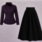 Purple Button-Down Shirt with Black Pleated Maxi Skirt – Elegant Two-Piece Set