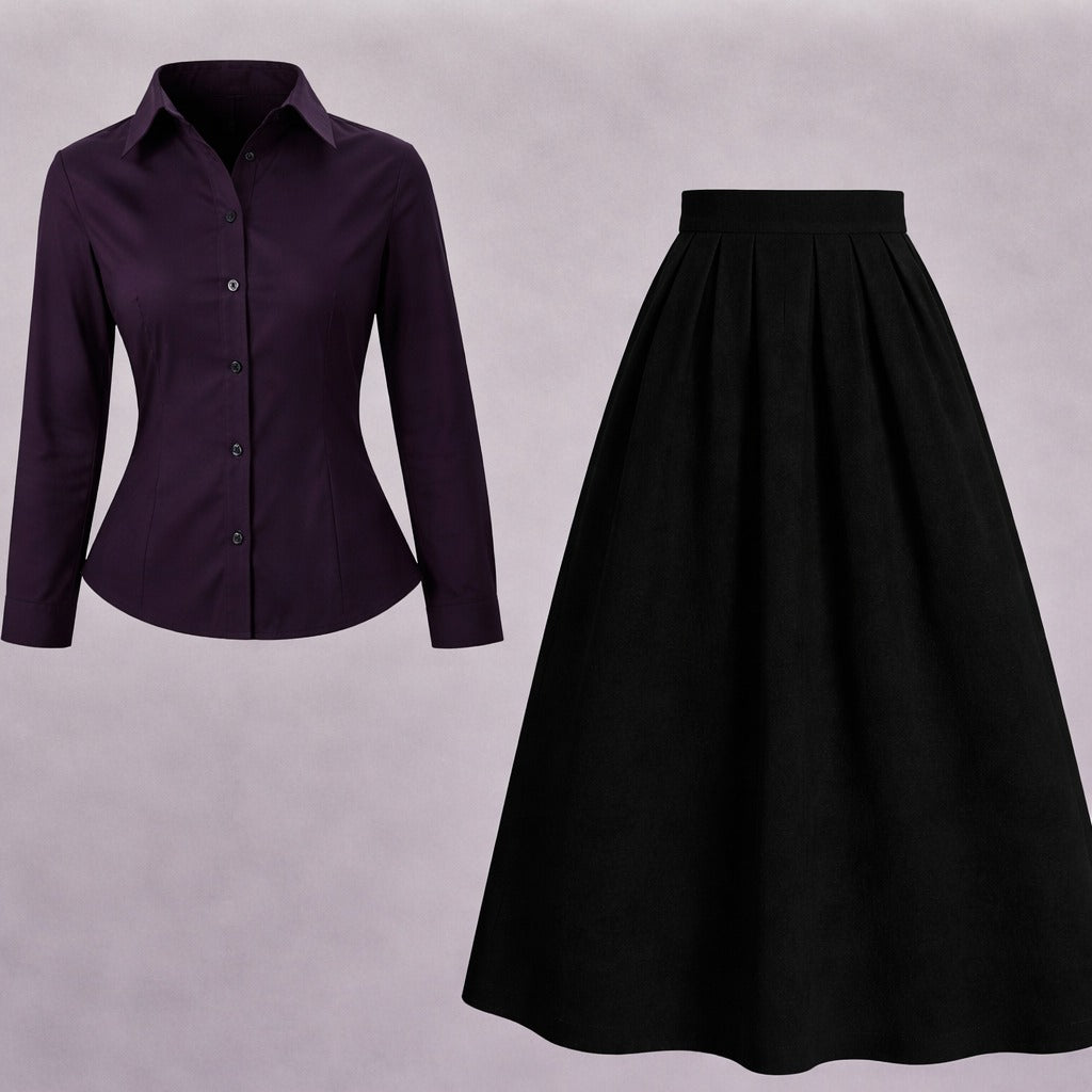 Purple Button-Down Shirt with Black Pleated Maxi Skirt – Elegant Two-Piece Set