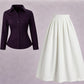 Purple Button-Down Shirt with White Pleated Maxi Skirt – Elegant Two-Piece Set