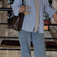 3-piece combo Skyblue button-down shirt with wide leg pants and crop top
