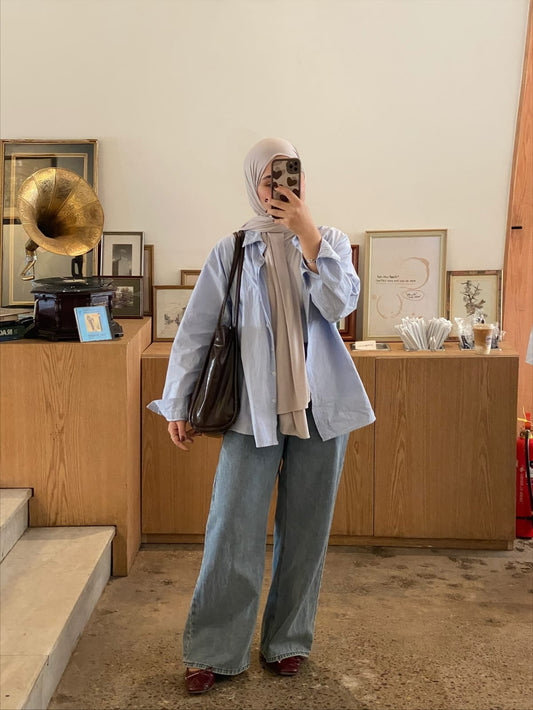 3-piece combo Skyblue button-down shirt with wide leg pants and crop top