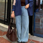 3-piece combo navyblue button-down shirt with wide leg pants and brown crop top