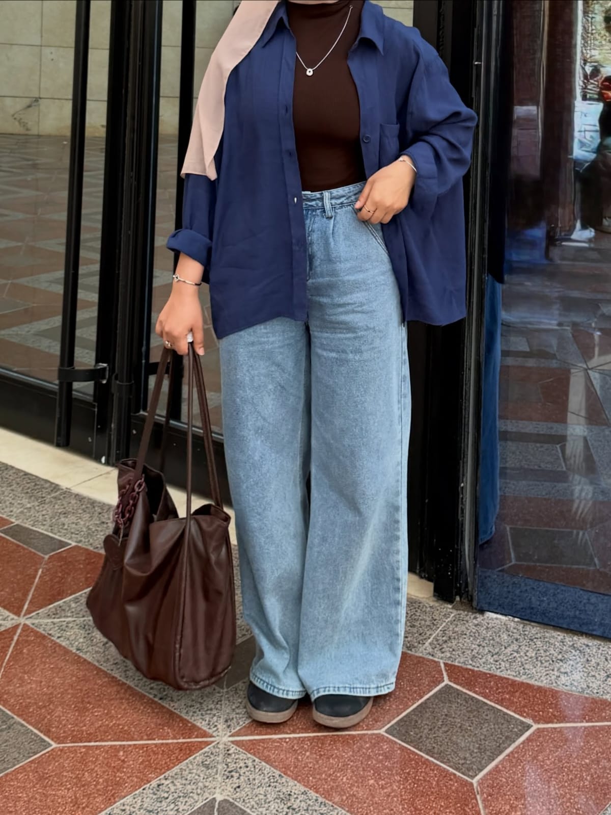 3-piece combo navyblue button-down shirt with wide leg pants and brown crop top