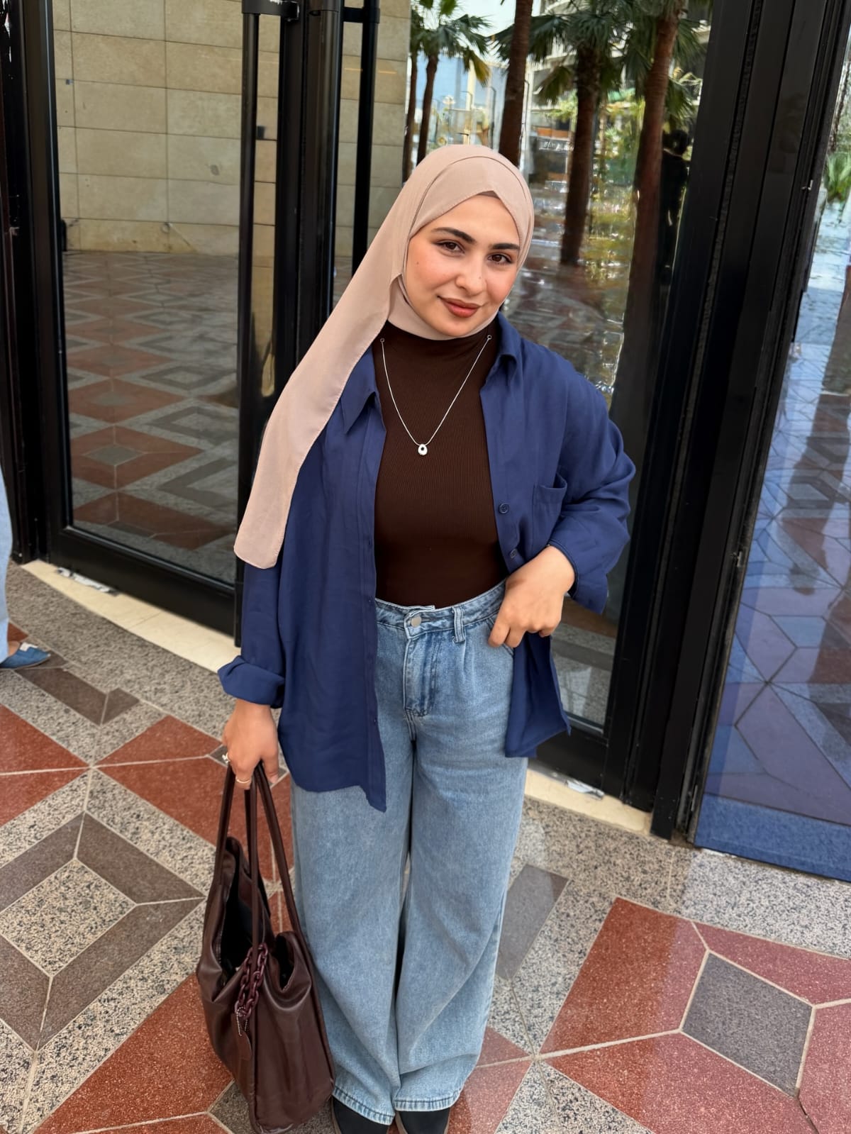 3-piece combo navyblue button-down shirt with wide leg pants and brown crop top