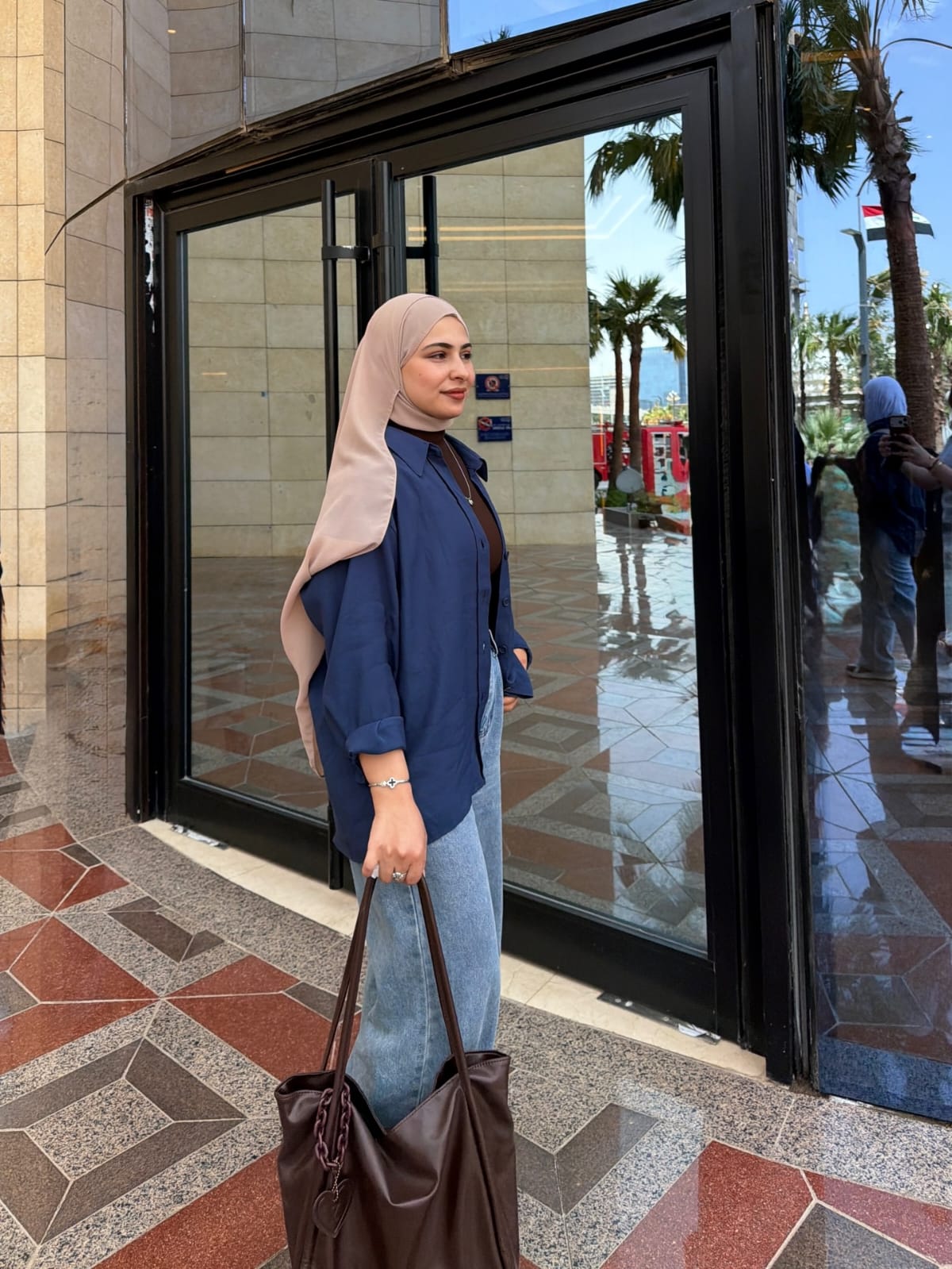 3-piece combo navyblue button-down shirt with wide leg pants and brown crop top