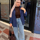 3-piece combo navyblue button-down shirt with wide leg pants and brown crop top
