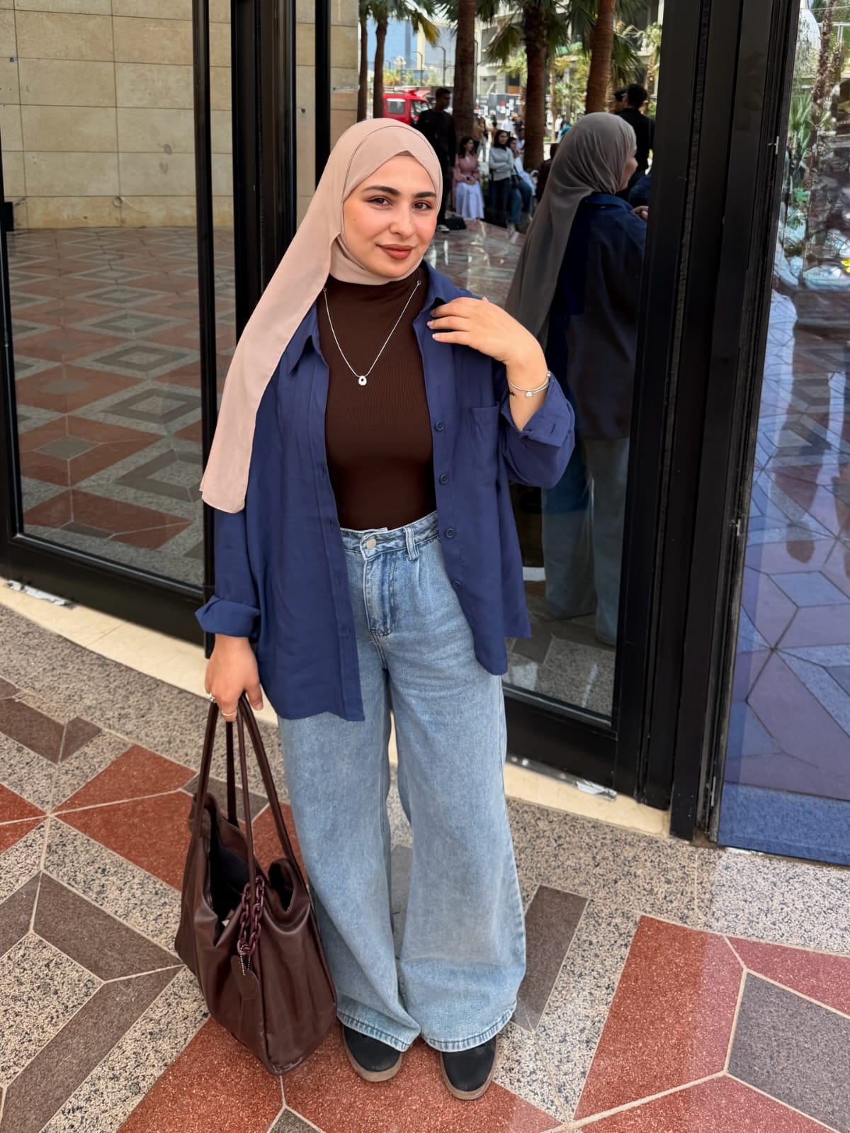3-piece combo navyblue button-down shirt with wide leg pants and brown crop top