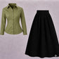 Olive green button-down shirt with black skirt (2-piece)