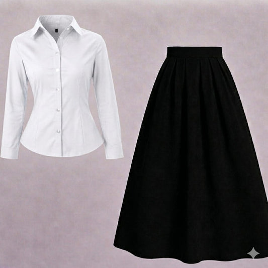 White button-down shirt with black skirt (2-piece)