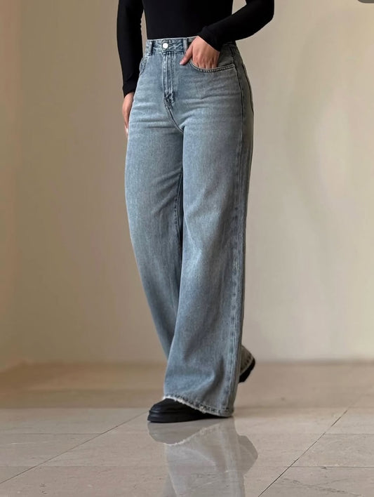 High-Waist Wide Leg Denim Pants – Light Blue