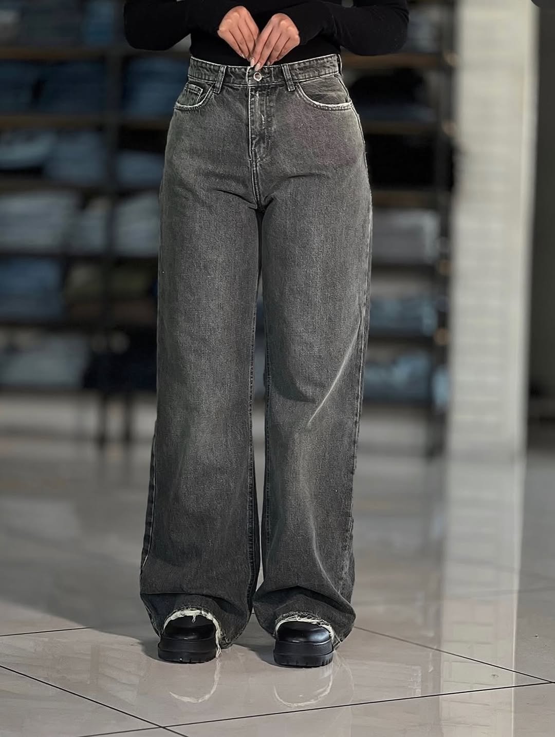 High-Waist Wide Leg Denim Pants – Charcoal Grey