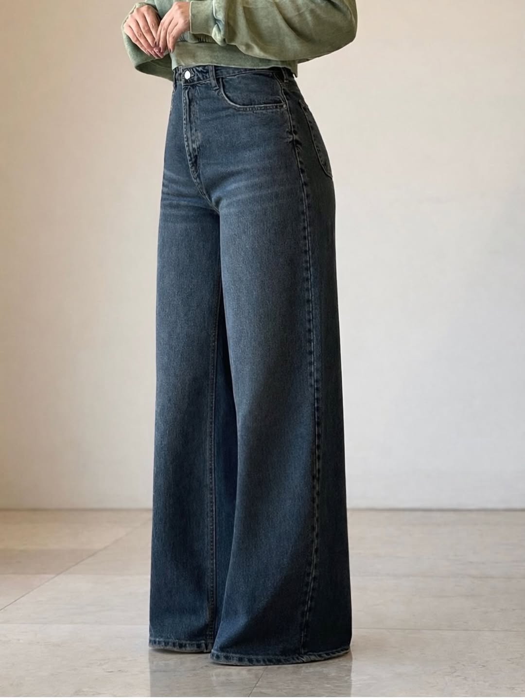 High-Waist Wide Leg Denim Pants – Dark Blue