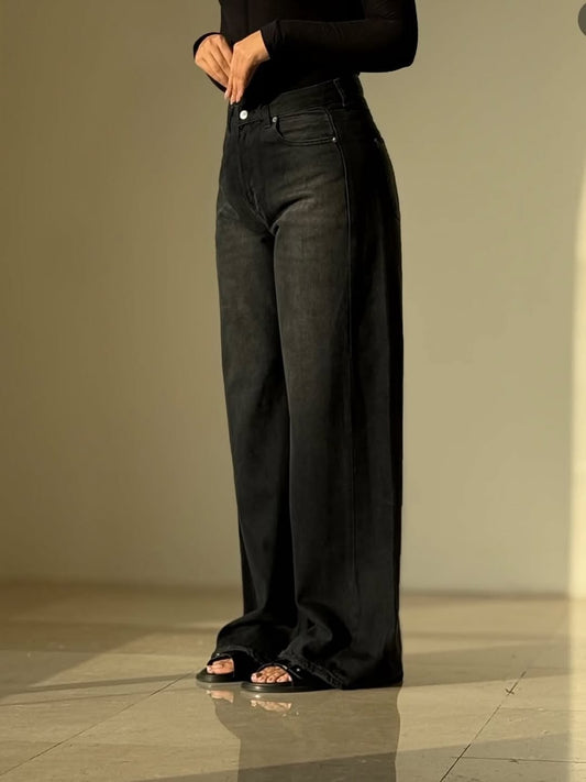 High-Waist Wide Leg Denim Pants – Washed Black