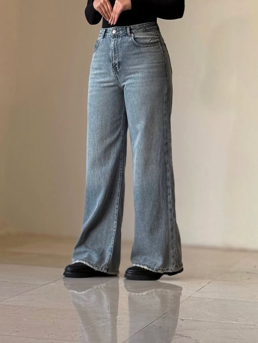 High-Waist Wide Leg Denim Pants – Light Blue
