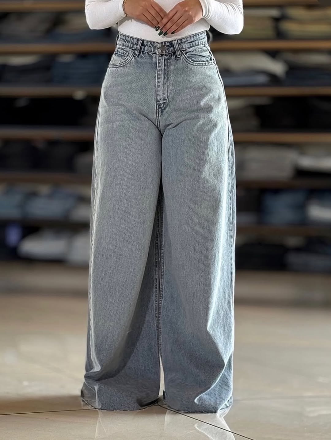 High-Waist Wide Leg Denim Pants – Light Grey