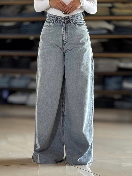 High-Waist Wide Leg Denim Pants – Light Grey