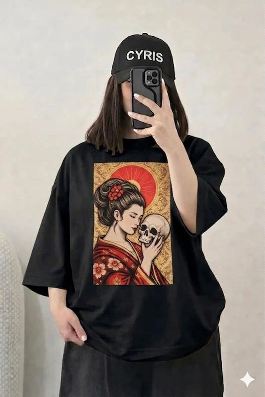 Oversized Drop Shoulder Graphic T-Shirt – BlackJapanese Art Print