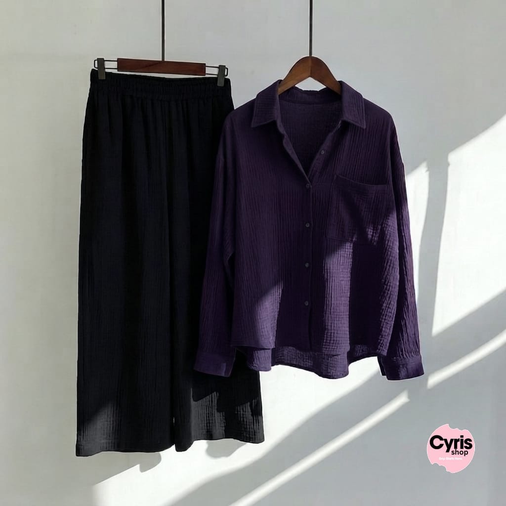 Dark Purple  Button-Down Shirt & Black Trousers Set