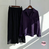 Dark Purple  Button-Down Shirt & Black Trousers Set
