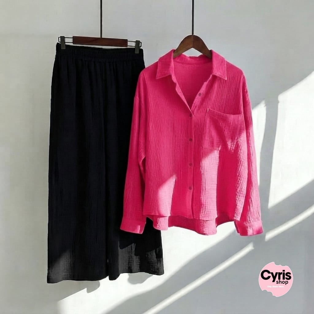 Fuchsia pink  Button-Down Shirt & Black Trousers Set
