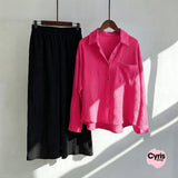 Fuchsia pink  Button-Down Shirt & Black Trousers Set
