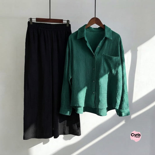 Emerald Green Button-Down Shirt & Black Trousers Set