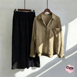 Khaki Button-Down Shirt & Black Trousers Set