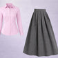 Button-Down Shirt & Flared Maxi Skirt Set – Soft Pink & Grey