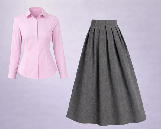 Button-Down Shirt & Flared Maxi Skirt Set – Soft Pink & Grey
