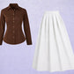 Brown Button-Down Shirt & White Flared Maxi Skirt – Minimal Elegant Set