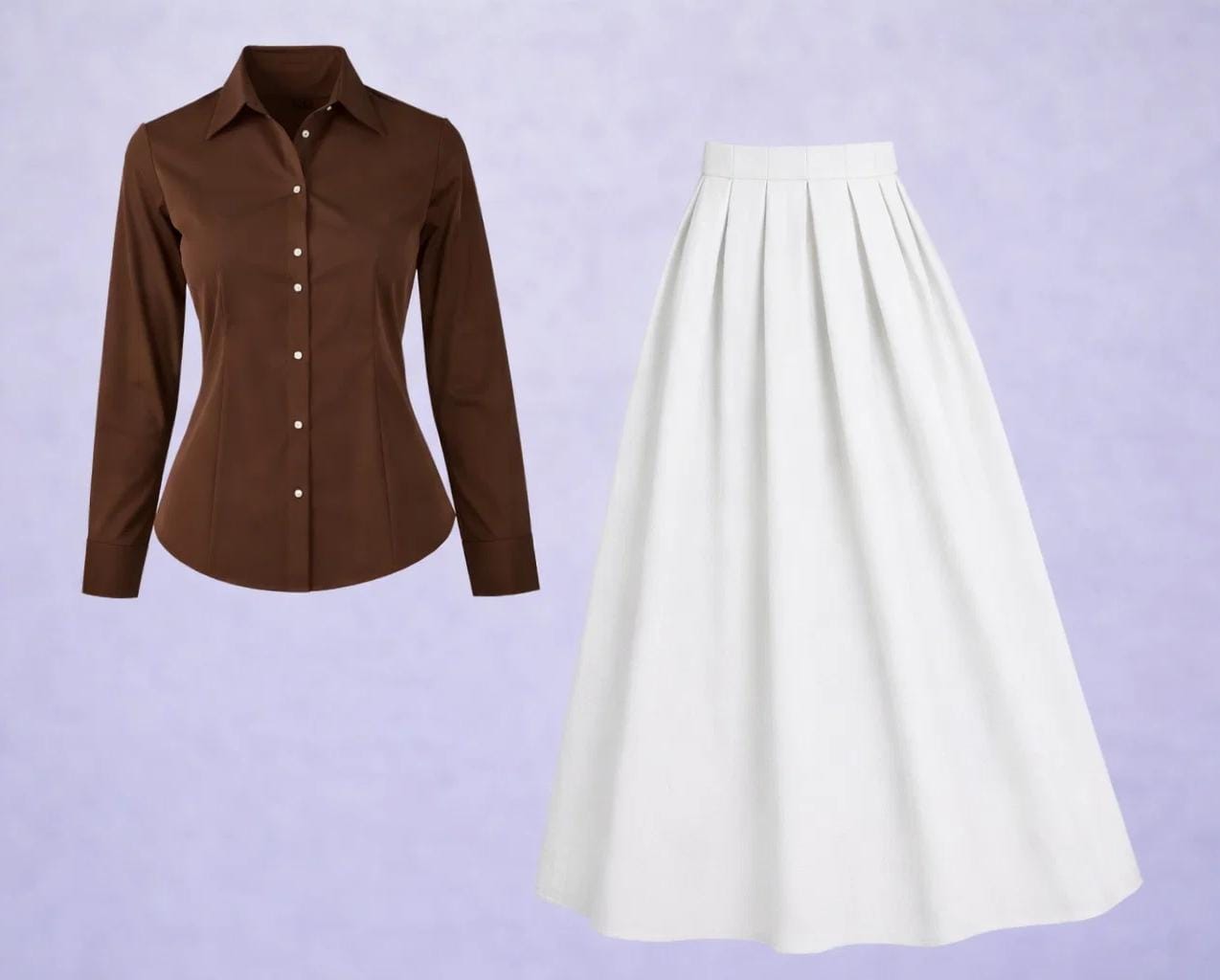 Brown Button-Down Shirt & White Flared Maxi Skirt – Minimal Elegant Set