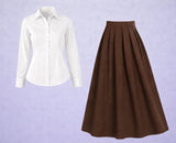 White Button-Down Shirt with Brown Pleated Maxi Skirt – Elegant Two-Piece Set