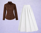 Brown Button-Down Shirt & White Flared Maxi Skirt – Minimal Elegant Set