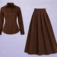 Brown button-down & Brown Pleated Maxi Skirt Set